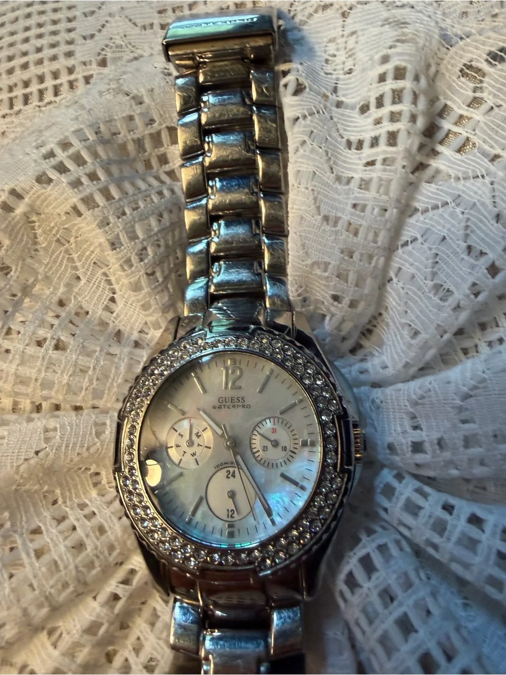 GUESS Silver Crystal-Trim Mother-of-Pearl Dial Watch